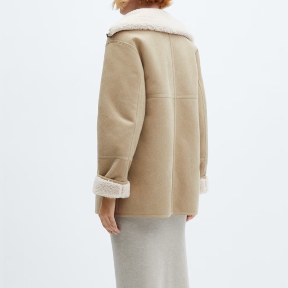 NWOT! MANGO Faux Shearling Zipper oversized turtleneck Coat Small Cream/Beige - Picture 4 of 8